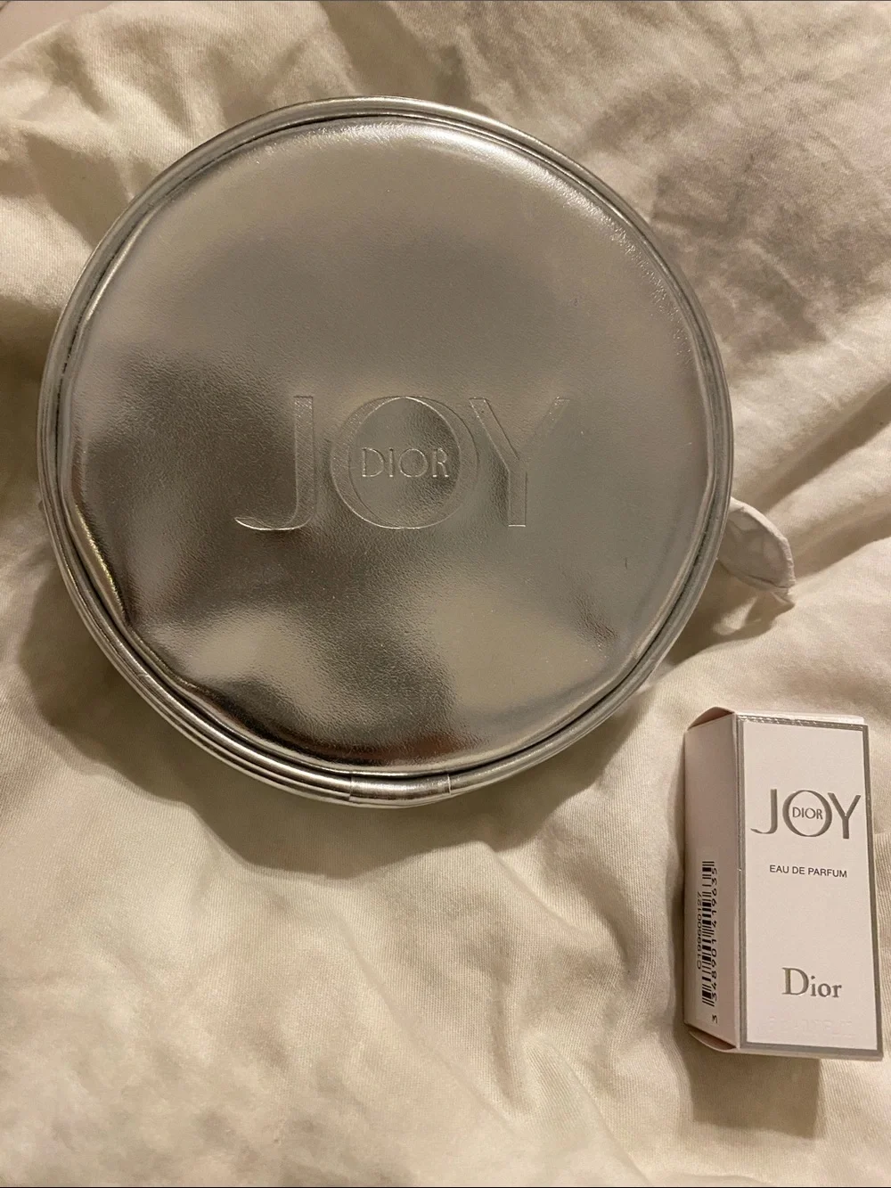 Dior Metallic Silver Round JOY Cosmetic Pouch & Dior Fragrance Set